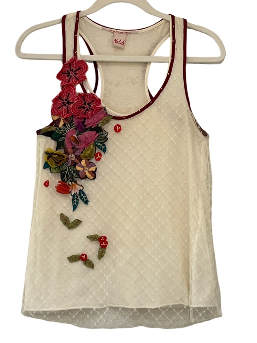 Nolita Sheer Mesh Floral Applique Tank Top Italy Small